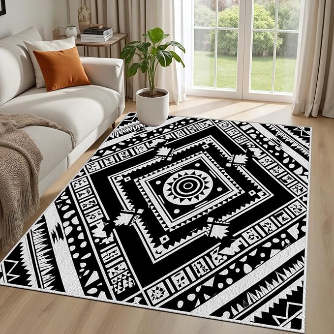 Area Rugs for Living Room 4x6, Moroccan Washable Low Pile Rug, Boho Neutral Farmhouse Ultra Soft Carpet for Bedroom Dining Room Home Decor, Geometric Print Tribal Carpets Black and White