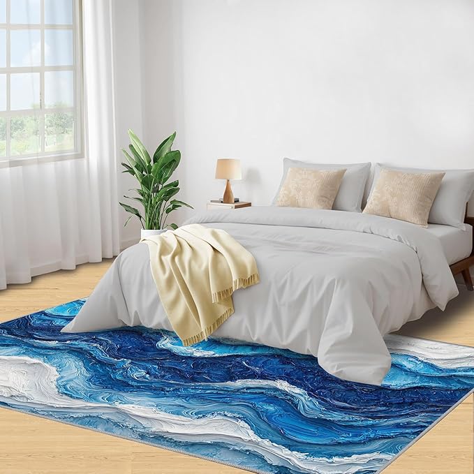 4x5 Ocean Waves Indoor Outdoor Rug - Abstract Waves Bedside Rug, Abstract Art Washable Entry Way Rugs Kids Carpet for Inside House Playroom Living Room End Table Nursery
