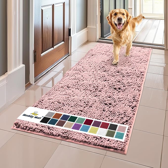 Muddy Mat® | Super Absorbent Door Mat Indoor, Microfiber Quick Dry Chenille Entryway Rug, Non-Slip Front Door Mat, Indoor Mats for Entryway, Machine Washable Pet Rug, Pink 24"x60"