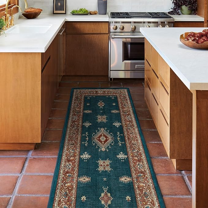 RUGGABLE Washable Vintage Area Rug – Verena Teal Blue 6 ft Round, Stain-Resistant, Non-Slip – Medium Machine Washable Rugs for Living Room, Bedroom, Hallway, Entryway & Office–with Cushioned Pad