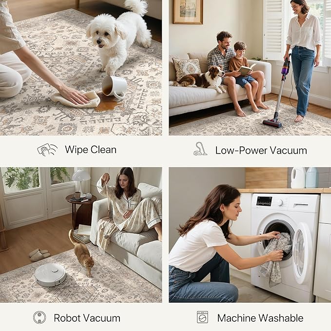 Bavni Washable Runner Rug 2’6”x8’, Non Slip Vintage Hallway Runner, Ultra Thin Low Pile Washable Carpet for Kitchen Entryway Bedroom, Light Taupe Brown