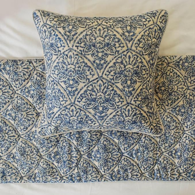 The HomeCentric King/Queen/Twin Blue Designer King 90"x18" Bed Runner with Pillow Cover, Embroidery, Quilted Bed Scarf on Cotton Fabric - Farzeen Blue