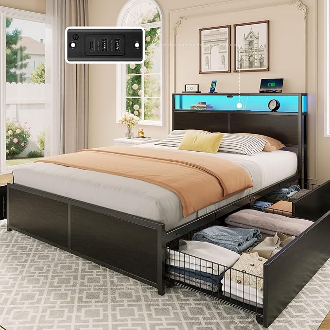 Rolanstar Queen Bed Frame with 4 Storage Drawers & 2-Tier Storage Headboard