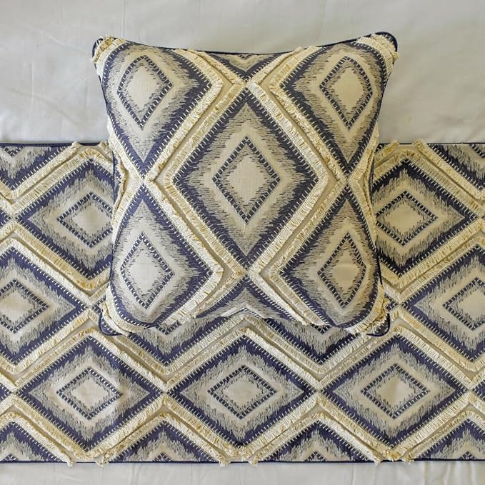 The HomeCentric King/Queen/Twin Blue Decorative CA King 86"x18" Bed Runner with 2 Pillow Cover, Lace & Moroccan Decor Bed Scarf on Jacquard Fabric - Akida