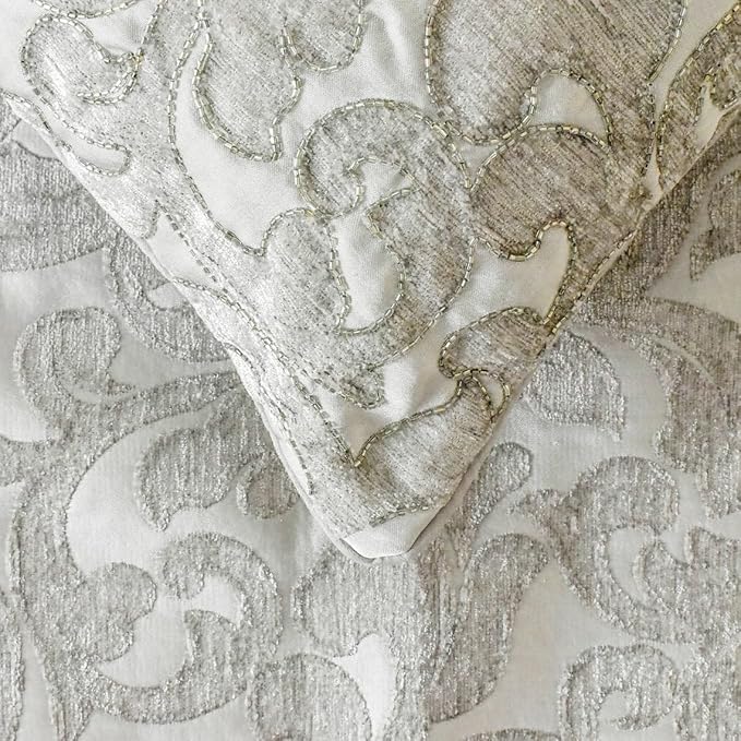 The HomeCentric King/Queen/Twin Silver Decorative King 90"x18" Bed Runner with One Pillow Cover, Abstract, Floral, Bead Hand Embroidery Bed Scarf on Jacquard Fabric - Ethereal Silver