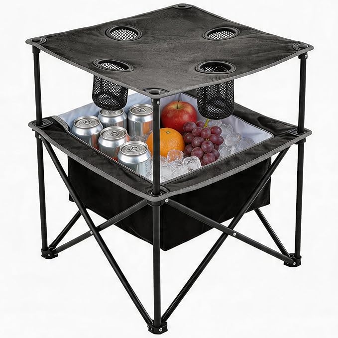 Portable Outdoor Folding Camping Table with 4 Cup Holders & Cooler Compartment, Waterproof Picnic Table for Picnic, BBQ, Beach, Hiking (Black)