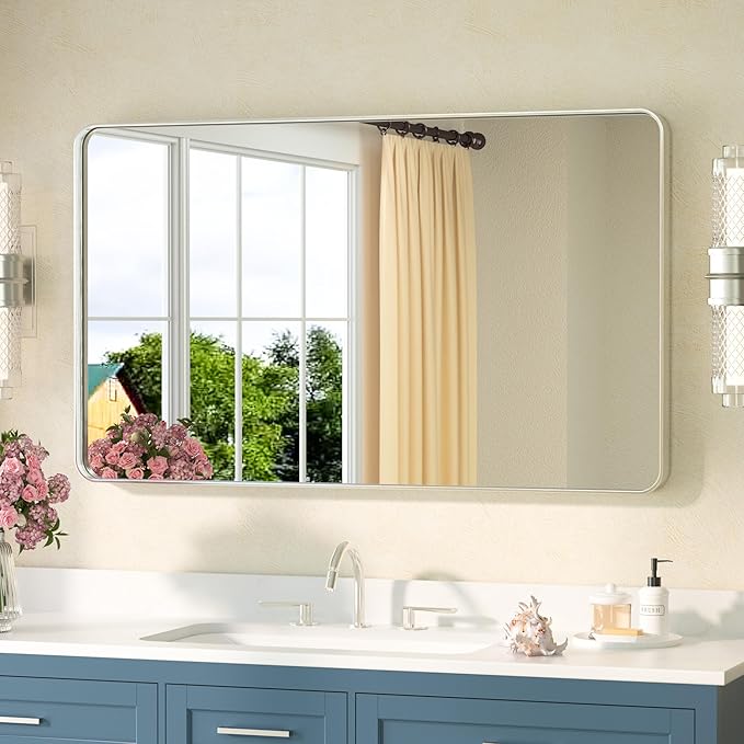 TETOTE Brushed Nickel Bathroom Mirror 40 x 24 Inch Brushed Nickel Metal Framed Bathroom Mirror, Tempered Glass, Modern Farmhouse Wall Mounted Mirror for Decorative(Horizontal/Vertical)