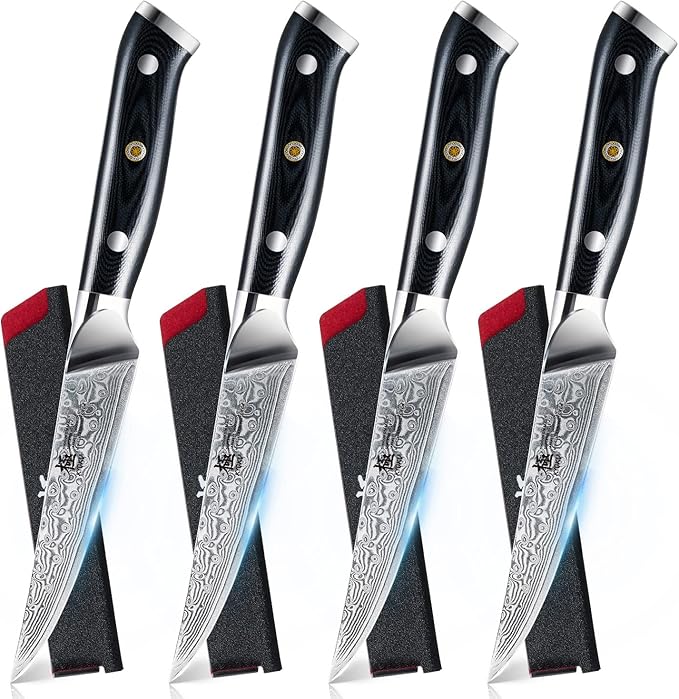 KYOKU Gin Series Steak Knife Set of 4, 4.5" Steak Knives, Japanese VG10 Damascus Stainless Steel Kitchen Knife Set with Silver Ion Blades G10 Handles Mosaic Pins, Cutlery Set w/Sheaths & Case