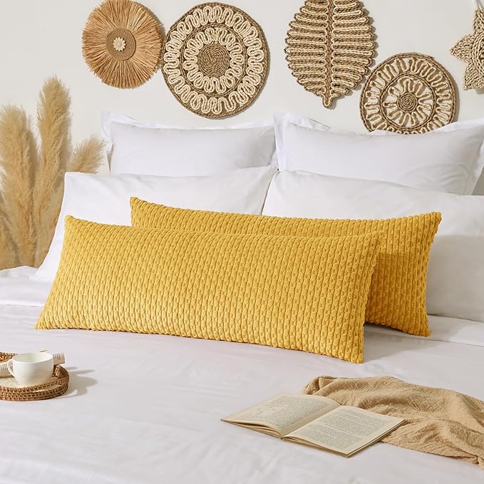 Kevin Textile 20x54 Inch Long Body Lumbar 1 Pack Boho Decorative Throw Pillow Cover Soft Striped Corduroy Rectangle Cushion Case Farmhouse Accent for Living Room Couch Sofa Bed, Mustard Yellow