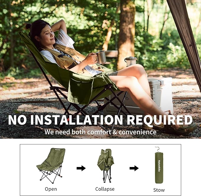 Naturehike Seastar Padded Camping Chair, Oversized 2-Position Adjustable Folding Chair, Portable Camp Chair with Side Pocket & Carry Bag