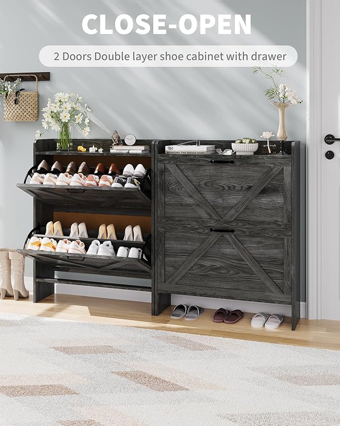 Shoe Cabinet Organizer with 2 Flip Drawers, Freestanding Narrow Shoe Rack for Entryway, Freestanding Hidden Shoe Storage Cabinet for Entryway, Hallway, Living Room, Bedroom, Black