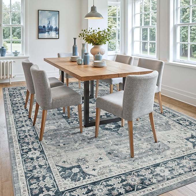 DEXI 4x6 Area Rug for Living Room, Washable Vintage Farmhouse Thin Rug Indoor Floor, Non Slip Stain Resistant Low Pile Carpet for Dining Room Bedroom Office, Blue Grey