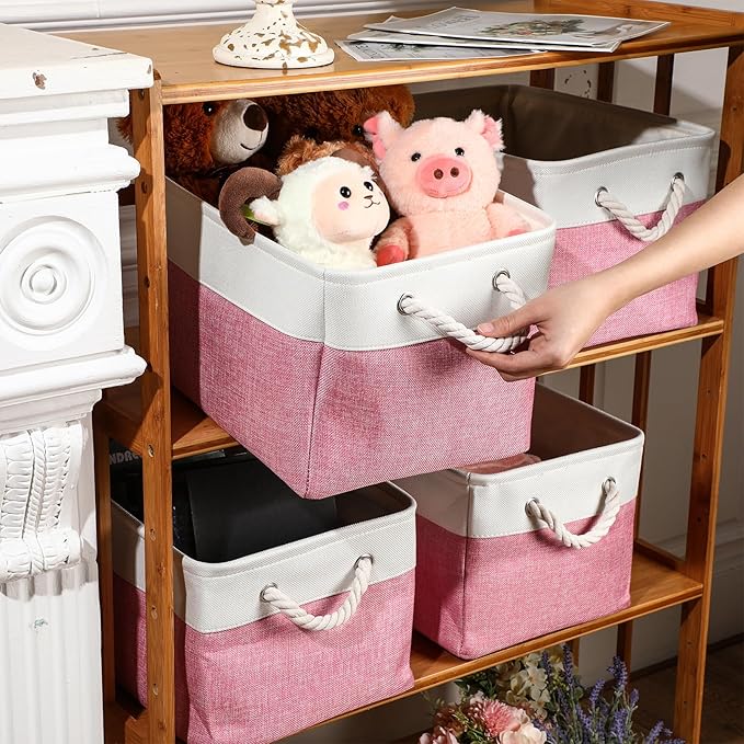 meekoo 8 Pack Collapsible Storage Bins Fabric Storage Bins Polyester Fabric Baskets with Handles Linen Closet Organizer for Shelf Home Closet Towels Toys(15 x 11 x 9.5 in,Pink White)
