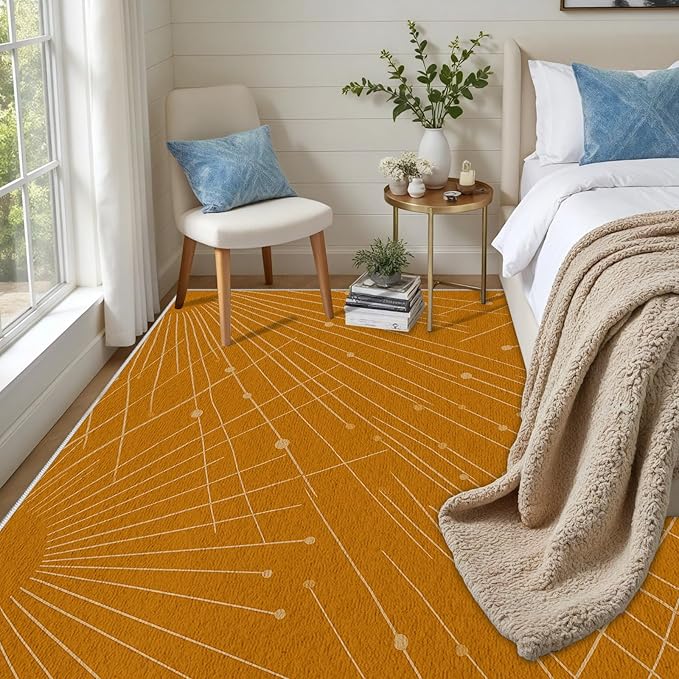 Modern Washable Area Rug 7x9, Boho Minimalist Non-Slip Rugs, Abstract Striped Soft Carpet for Living Room Bedroom Nursery Room Home Decor Office, Pet Friendly, Orange Beige