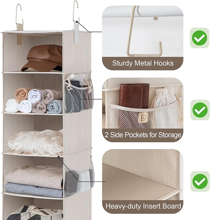 StorageWorks 6-Shelf Hanging Closet Organizer, Hanging Shelves for Closet, Fabric, Mixing of Beige, White & Ivory, 12" D x 12" W x 47 1⁄2" H