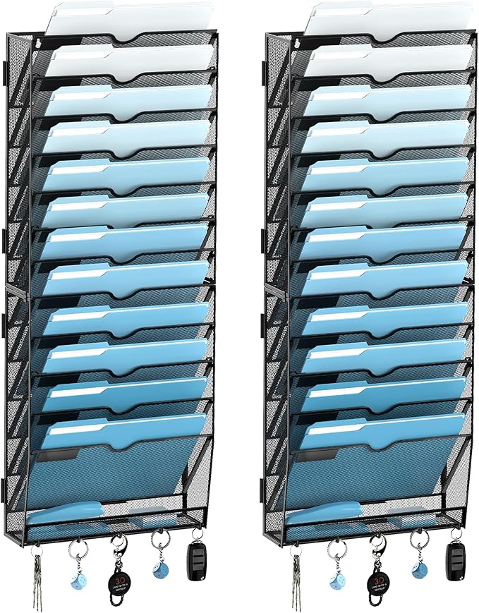 SUPEASY 13-Tier Wall File Holder Organizer with Hooks, Mesh Hanging File Organizer, Mail Organizer Wall Mounted for Papers, Folders, Office Magazine Rack, Assembly Needed, Black 2 pack