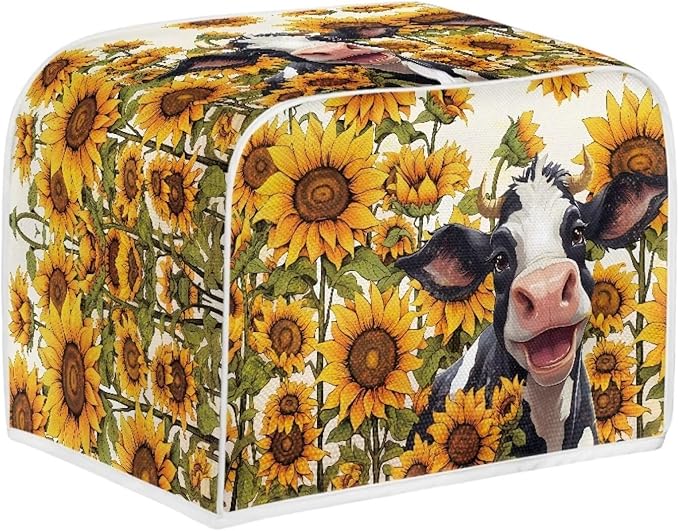 Sunflower Cow Printed Toaster Cover for 4 Slice Bread Maker, Anti Fingerprint Oven Dust Protector, Small Kitchen Appliance