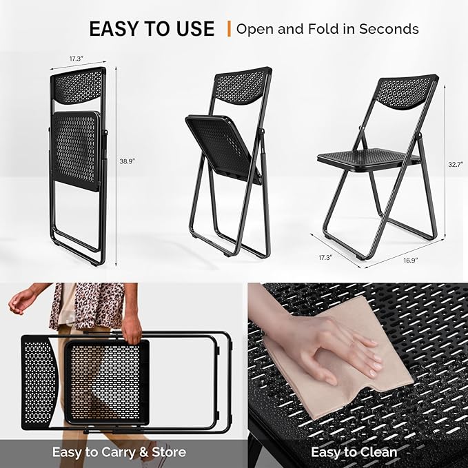 VINGLI Plastic Folding Chairs, Comfortable Foldable Chair with Breathable Mesh Seat and Sturdy Metal Frame 350lbs Capacity for Indoor and Outdoor Use, Party, Event, Office, Dining, Black, 6 Pack