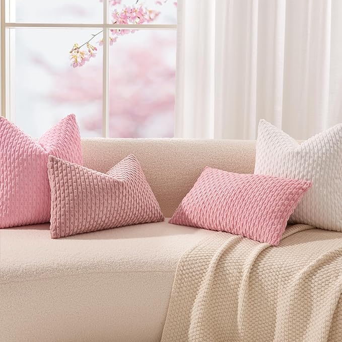 Kevin Textile Valentines Day 12x24 Inch Pillow Cover 1 Pack Boho Decorative Soft Striped Corduroy Lumbar Farmhouse Accent Rectangle Cushion Case for Living Room Couch Sofa Bed, Pink