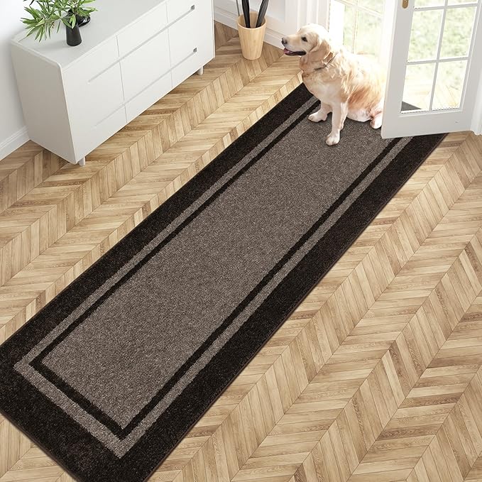 PURRUGS Dirt Trapping Door Mat 24" x 84", Non-Slip/Skid Machine Washable Entryway Rug, Shoes Scraper, Area Rug, Super Absorbent Welcome Mat for Muddy Wet Shoes and Paws, Grayish Brown & Coffee