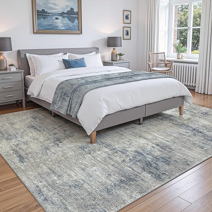 DEXI 10x14 Area Rug for Living Room, Modern Abstract Thin Washable Rug Indoor Floor, Non Slip Stain Resistant Low Pile Carpet for Dining Room Bedroom Office, Blue