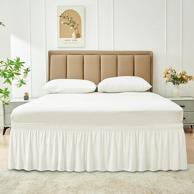 Biscaynebay Wrap Around Bed Skirts for King & Cal King Beds 21" Long Drop, Ivory Adjustable Elastic Dust Ruffles Easy Fit Wrinkle Resistant Silky Luxurious Fabric Machine Washable