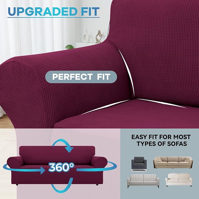 LURKA Stretch Sofa Slipcovers 1 Piece Couch Covers for 3 Cushion Couch Sofa Furniture Protector Full Sofa Covers with Elastic Bottom for Kids and Dog (Large, Wine)