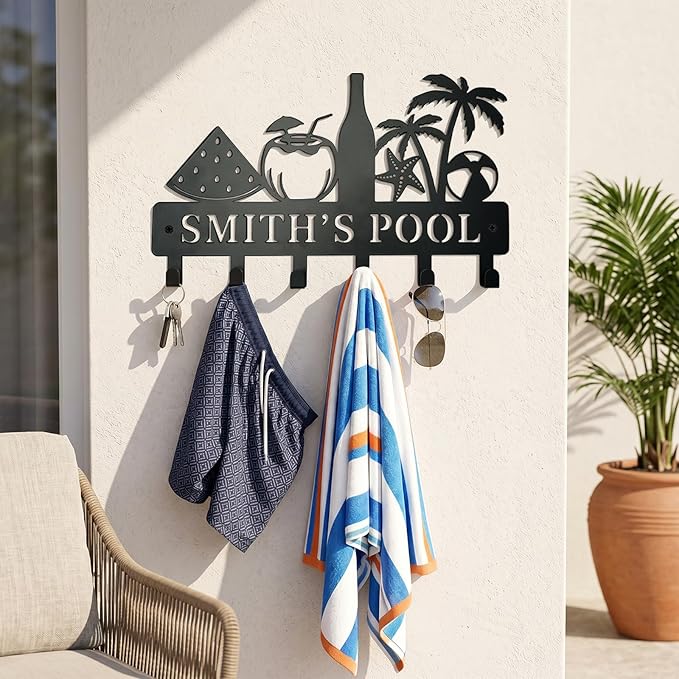 Metal Key Holder Wall Mount, Coastal Tropical Key Rack Hooks, Beach Pool Sunset Wall Art Organizer for Entryway, Kitchen, Hallway, Garage, Farmhouse Home Decor & Housewarming Gift (Pool Party)