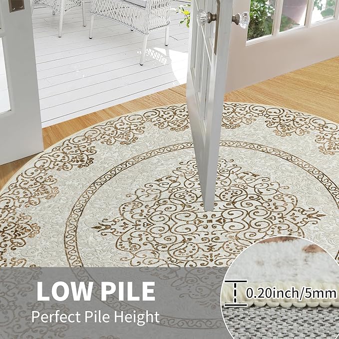 Easy-Going Round Rug 5ft Area Rug Washable Boho Neutral Circle Rugs for Living Room Non-Slip Bedroom Rug Low Pile Lightweight Floral Brown Print Vintage Throw Rug for Dining Room Kitchen Home Office