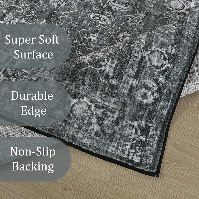 Morebes Black Vintage Carpet Runners for Hallway 12ft,Washable Long Runner Rug for Kitchen Indoor Floor Non-Slip,Distressed Super Soft Throw Carpet for Entryway Bathroom Dining Room Playroom