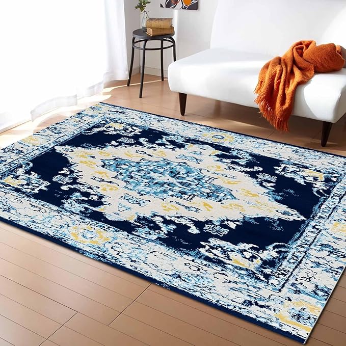 Bohemian Pattern Rectangular Area Rugs for Living Room Bedroom 5 x 6.9 ft Blue & Yellow Abstract Non-Shedding Soft Low Pile Rug Non Slip Washable Rug for Nursery Entryway Playroom