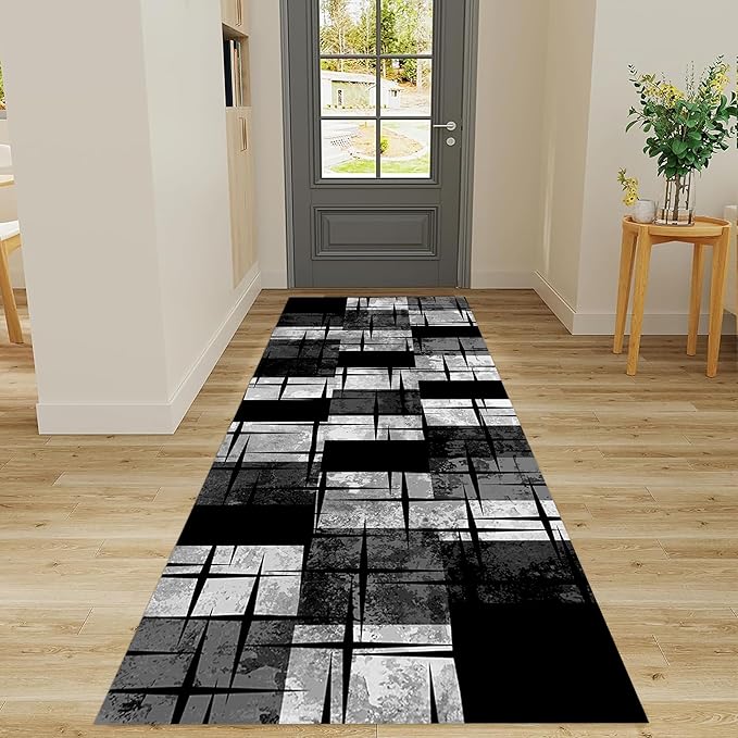 Distressed Checkered Runner Rugs, 4x10ft, Washable Runner Rug with Rubber Backing, Soft Vintage Geometric Black Grey Floor Carpet for Front Door Home Office