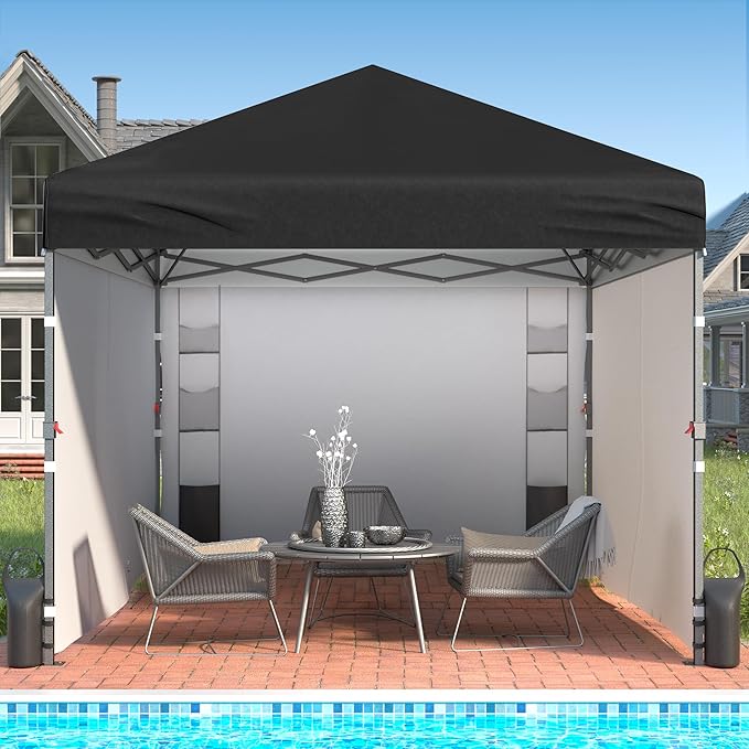 Tunbne 10X10 Comercial Pop Up Canopy Tent with 4 Sidewalls and 6 Pockets, One Push Setup Center Lock, for Beach Patio Outdoor, Case, 8 Stakes, 4 Ropes, 4 Sandbags (Pitch Black)