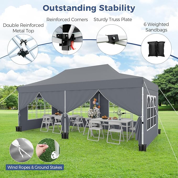 Tangkula 10x20 Ft Pop Up Canopy, UPF 50+ Portable Outdoor Canopy Tent with with 6 Removable Sidewalls, 6 Sandbags, 2 Zippered Door, Windows, Carrying Bag for Party, Wedding, Backyard