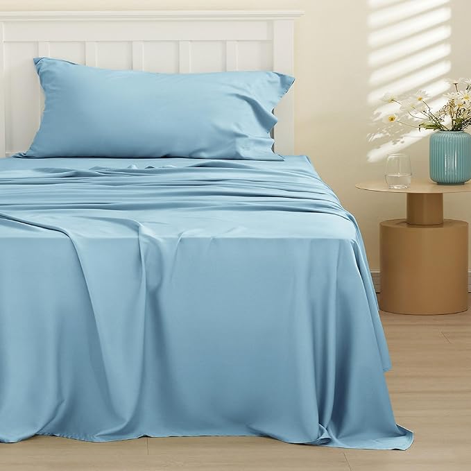 Bedsure Cooling Sheets Twin XL, Rayon Derived from Bamboo, Breathable & Soft Twin XL Sheet Sets, Deep Pocket Up to 16 Inches, Hotel Luxury Silky Dorm Bedding for Hot Sleepers, Aqua