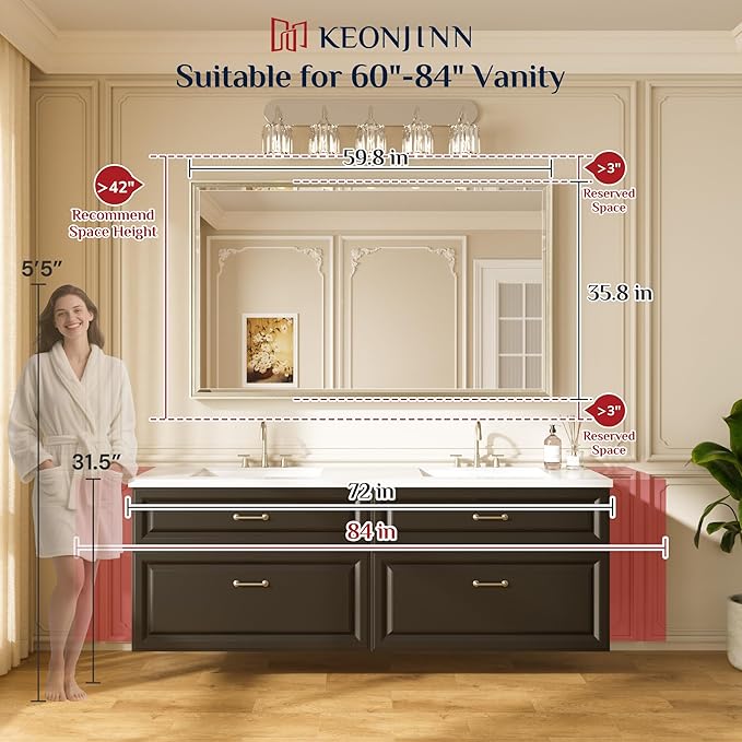 Keonjinn 60" x 36" Oversize Black Bathroom Vanity Mirror, Safe Beveled Tempered Glass, Decorative Aluminum Alloy Frame, Rustproof, Black Bathroom Mirrors for Over Sink, Modern Rectangle Wall Mirror