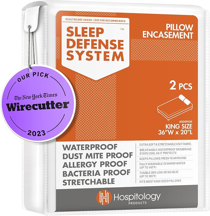 HOSPITOLOGY PRODUCTS Pillow Encasement- Zippered Bed Bug Dust Mite Proof Hypoallergenic - Sleep Defense System - King - Waterproof - Set of 2 - 20" H x 36" W