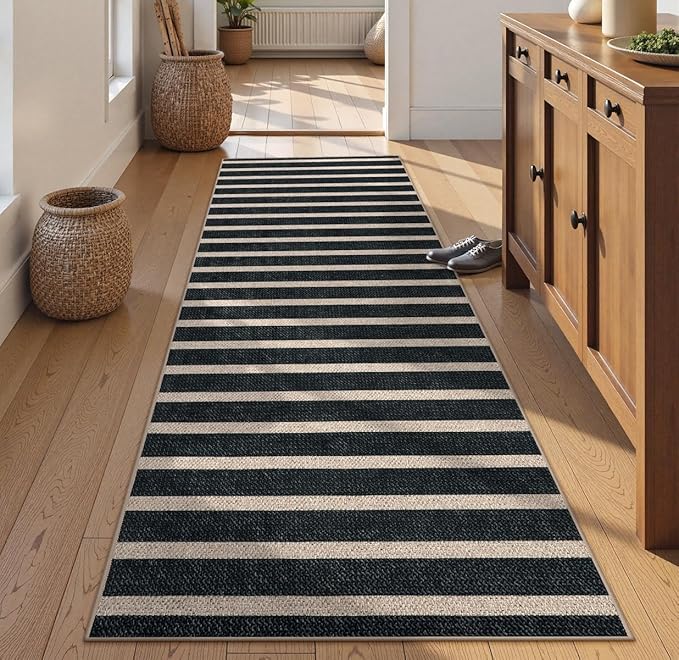 Lahome Striped Easy Jute Runner Rug, 2x8 Kitchen Rug Non Slip Washable Outdoor Runner for Entryway Indoor, Farmhouse Black Indoor Outdoor Carpet for Hallway 8ft Entry