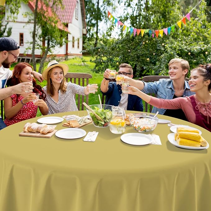 16 Pack Gold Plastic Tablecloth for Round Tables, Premium Decorative Gold Disposable Table Cloths for Parties, Bulk Round Party Table Cover for Birthday Wedding Anniversary Graduation, 84 Inch
