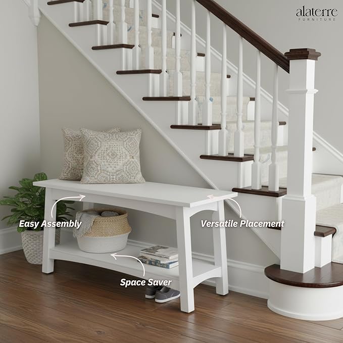 Craftsbury 36-Inch Solid Wood Entryway Bench with Storage Shelf – Easy Assembly Small Seating Bench for Hallway, Living Room, or Foyer by Alaterre Furniture (White)