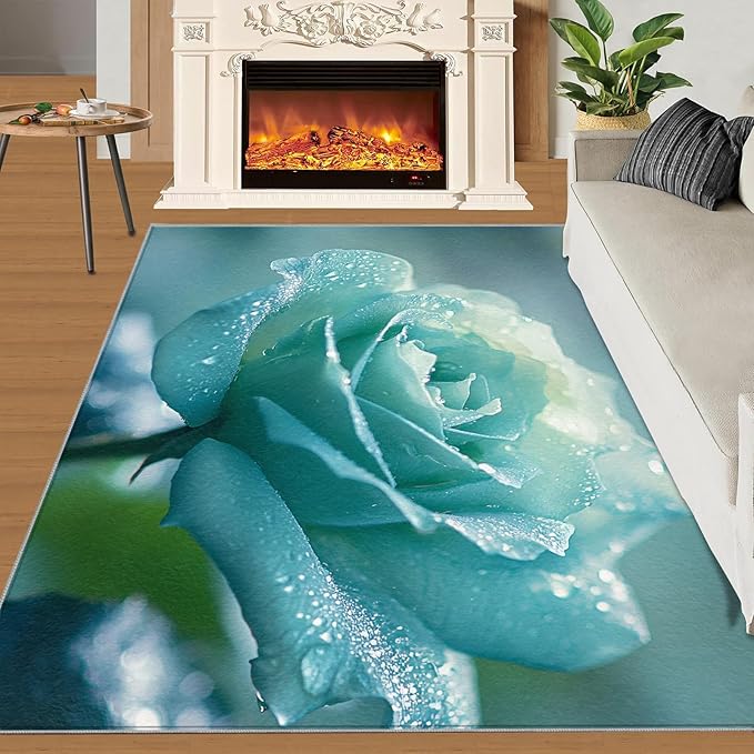 3x5 Blue-Rose Dorm Rug - Realistic Florals Small Rugs for Bedroom, Flowers Area Rug Washable Non Slip for Bedroom Kitchen Living Room Entryway