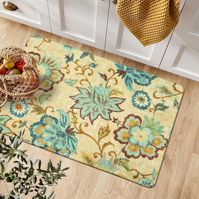 Lahome Floral Entryway Rug - 2x3 Small Throw Bedroom Rugs Non-Slip Washable Kitchen Rugs Beige Paisley Print Bathroom Mat Accent Distressed Doormat Floor Carpet for Laundry Room Living Room Office
