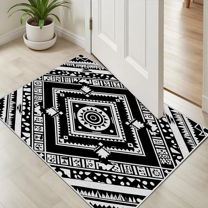 Area Rugs for Living Room 6x9, Moroccan Washable Low Pile Rug, Boho Neutral Farmhouse Ultra Soft Carpet for Bedroom Dining Room Home Decor, Geometric Print Tribal Carpets Black and White