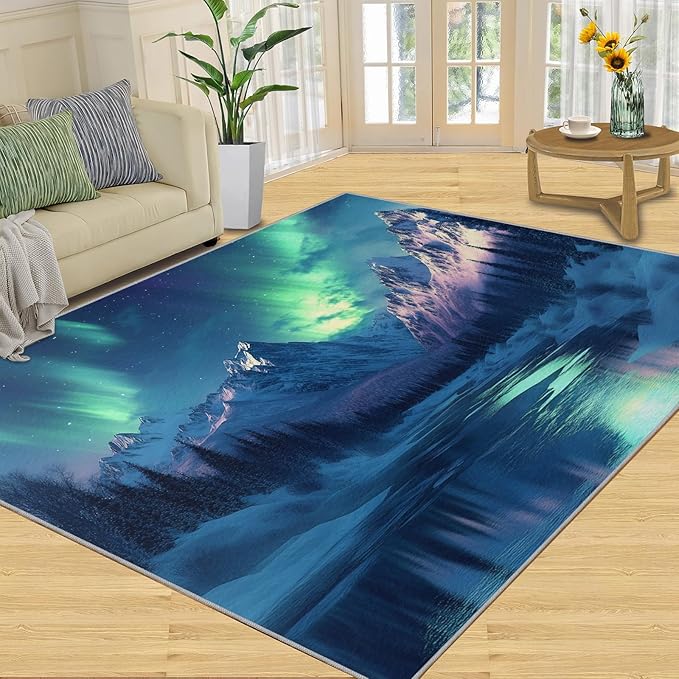 5x7 Snowy Mountains Rugs for Bedroom - Aurora Borealis Print Rug, Polar Landscape Rug Non Slip Soft Rugs for Living Room Hardwood Floors Teen Room