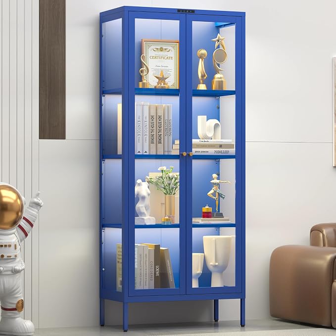 UNICOLY Display Cabinet with Glass Doors, Glass Display Cabinet with 8 Color