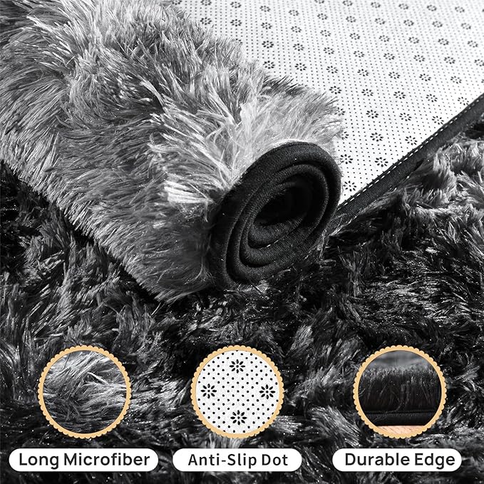 Shaggy Soft Fluffy Rug Non-Slip Indoor Floor Carpet for Living Room Anti-Skid Indoor Carpet Tie-Dyed Black Grey 5x7 Feet
