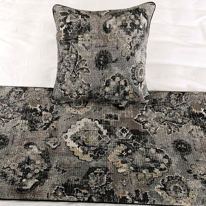 The HomeCentric Decorative Black & Grey CA King 86 x 18 inch Bed Runner with Matching Pillow Cover, Velvet Damask with Tassels Bed Scarf, Abstract Modern - Paved Damask