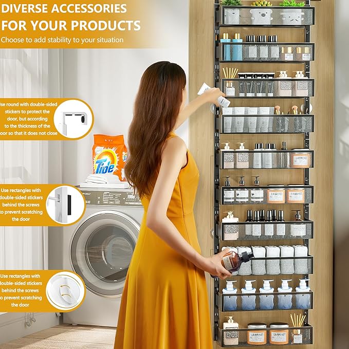 10-tier Over The Door Pantry Organizer with Mesh Baskets, Adjustable & Stable Hanging Spice Rack for Kitchen, Bathroom, Bedroom, and Baby Essentials Storage (16" W 10-Tiers, Black)