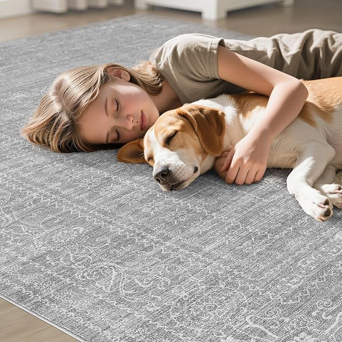 6x9 Area Rugs Living Room: Washable Large Vintage Grey Rug Neutral Non-Slip Soft Stain Resistant Indoor Carpet for Bedroom Nursery Dining Room Under Table Bed Home House Office Playroom