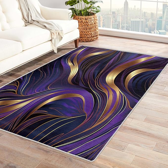 Purple and Gold Rug, 6x8 Rug, Luxury Rugs for Living Room Bedroom, Abstract Large Area Rug, Washable Rug Non Slip Soft Indoor Carpet, Purple and Gold Home & Room Decor